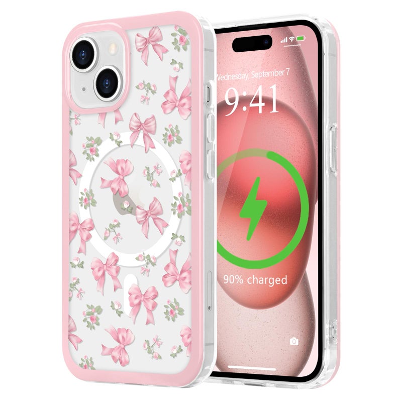 LCHULLE Magnetic for iPhone 15 Case Cute Pink Bows Compatible with Magsafe Clear Ribbon Bowknot Pattern for Women Girls Hard Back Cover Shockproof Phone Case for iPhone 15 Rose Bows - Image 3