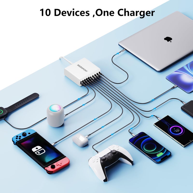 MGRNPONY 320W USB C Charger Block, 10-Port USB C Charging Station GaN III PD 65W Laptop Fast Charger Adapter for MacBook Pro/Air, DELL, iPad, iPhone, Samsung Galaxy White - Image 4