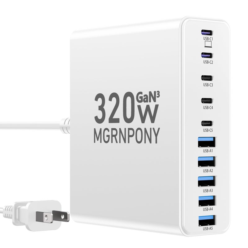 MGRNPONY 320W USB C Charger Block, 10-Port USB C Charging Station GaN III PD 65W Laptop Fast Charger Adapter for MacBook Pro/Air, DELL, iPad, iPhone, Samsung Galaxy White - Image 1
