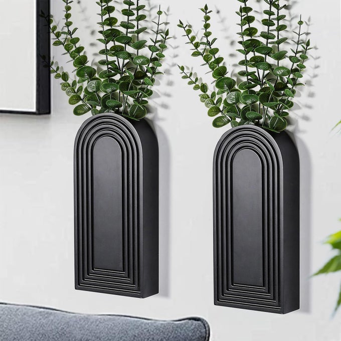 2 PACK WOODEN WALL VASE SET BLACK FINISH MODERN FARMHOUSE BOHO WALL DECOR FOR ENTRYWAY HALLWAY BATHROOM LIVING ROOM DINING ROOM NARROW SPACES