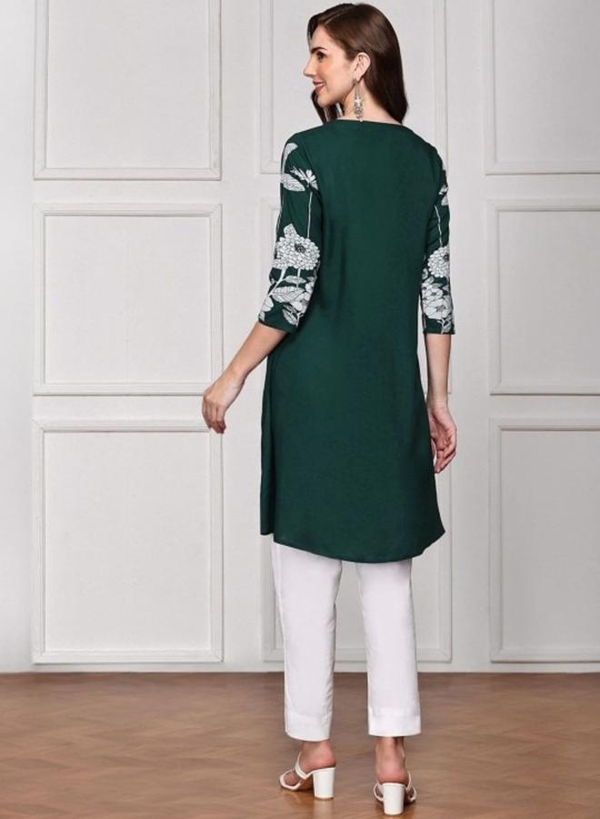 ISHIN Women's Deep Green Rayon Printed Tunic Straight Fit Kurta - Image 3