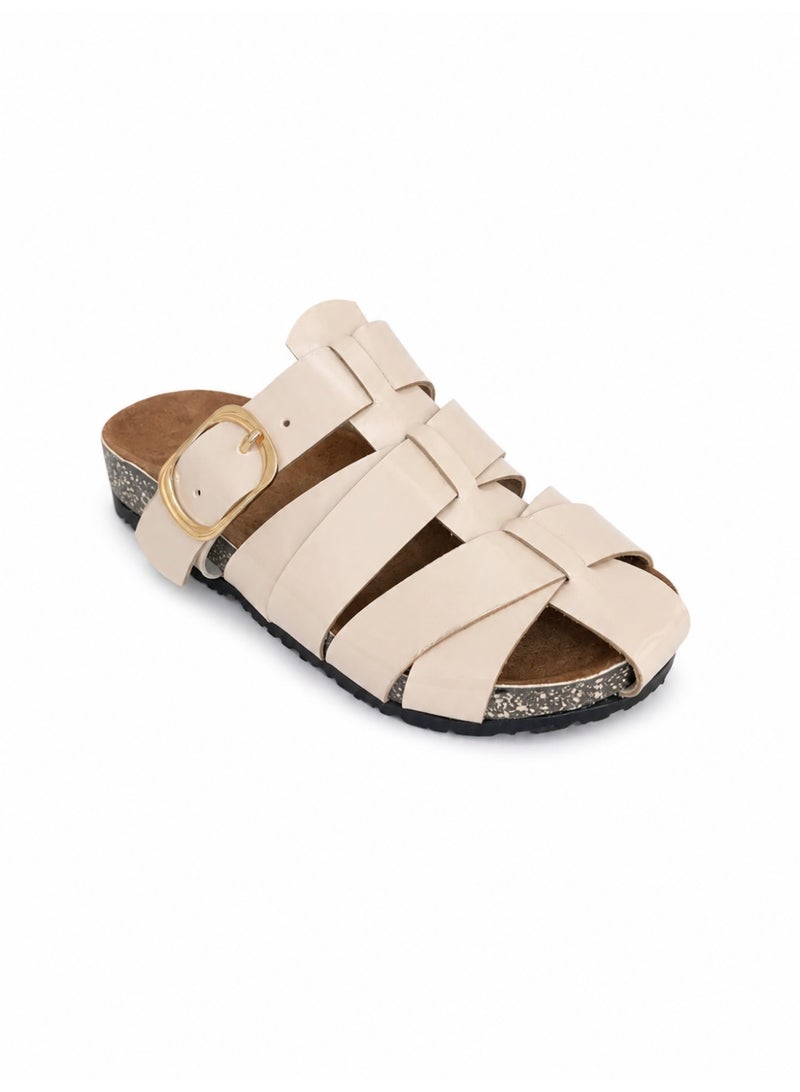 Slippers Flat Leather Glossy With Many Strap SL-246 - Beige