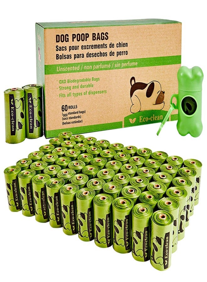 Eco Clean ECO-CLEAN Dog Poop Bags, 60 Rolls / 900 Count Dog Waste Bags with Dispenser and Leash Clip, Unscented, Extra Thick and Strong Poop Bags for Dogs - Image 1