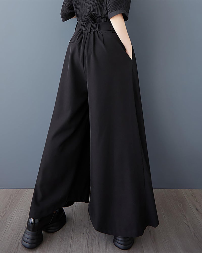 ellazhu Women's Pants Wide Leg Pocket High Waist Button Pocket Asymmetrical Irregular Hem GZ468 Black - Image 3