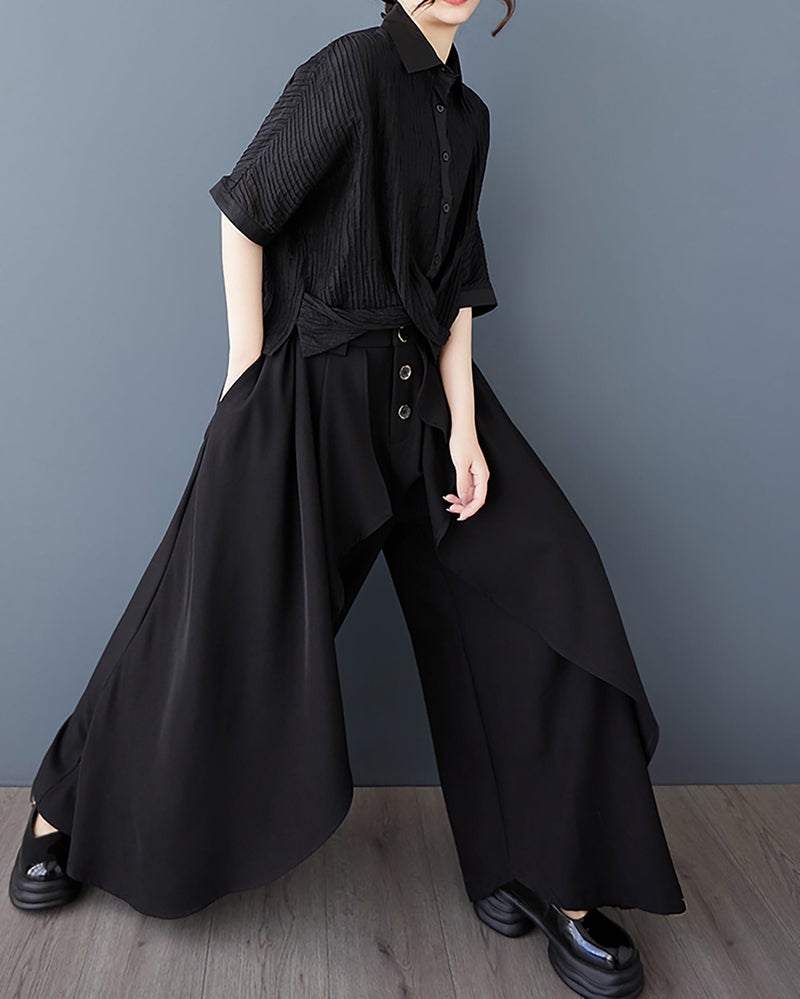 ellazhu Women's Pants Wide Leg Pocket High Waist Button Pocket Asymmetrical Irregular Hem GZ468 Black - Image 4