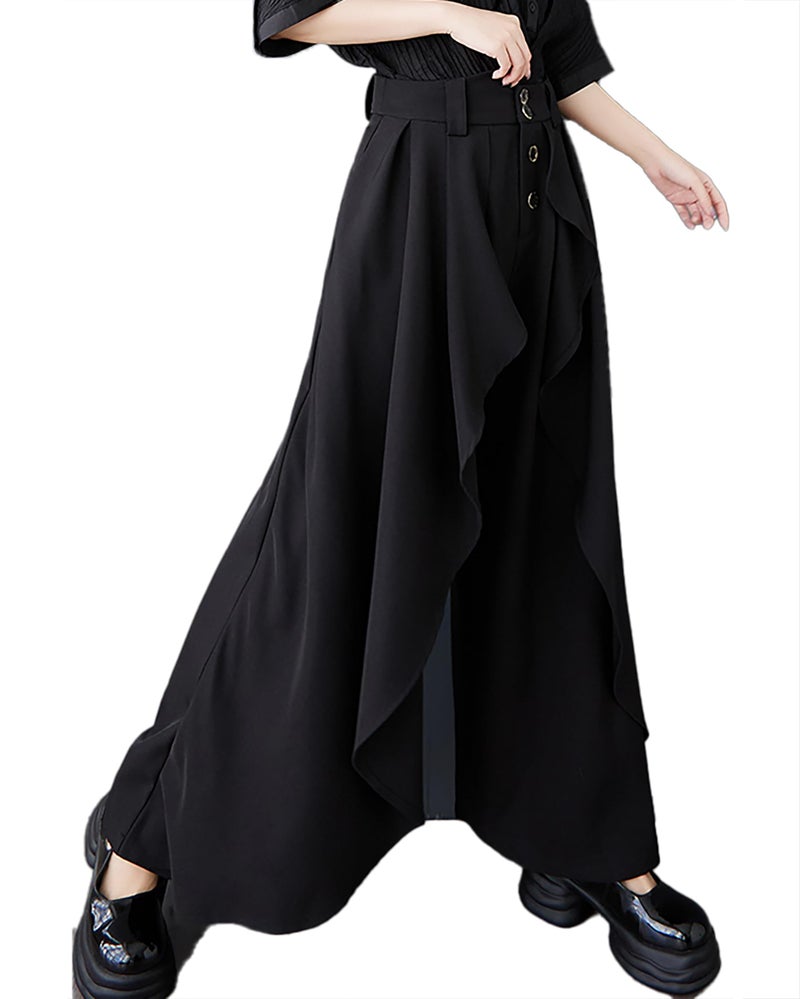 ellazhu Women's Pants Wide Leg Pocket High Waist Button Pocket Asymmetrical Irregular Hem GZ468 Black - Image 2