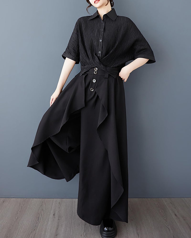 ellazhu Women's Pants Wide Leg Pocket High Waist Button Pocket Asymmetrical Irregular Hem GZ468 Black - Image 5