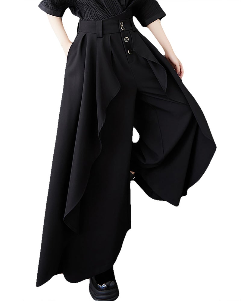 ellazhu Women's Pants Wide Leg Pocket High Waist Button Pocket Asymmetrical Irregular Hem GZ468 Black - Image 1