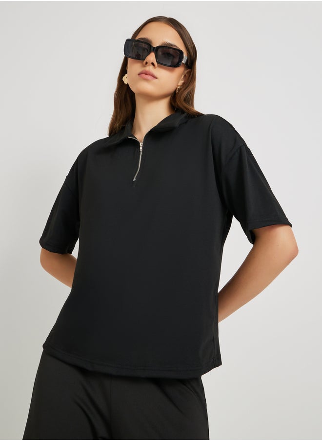 Take Two Solid Half Zipped Regular Fit Polo T-Shirt  - Image 1