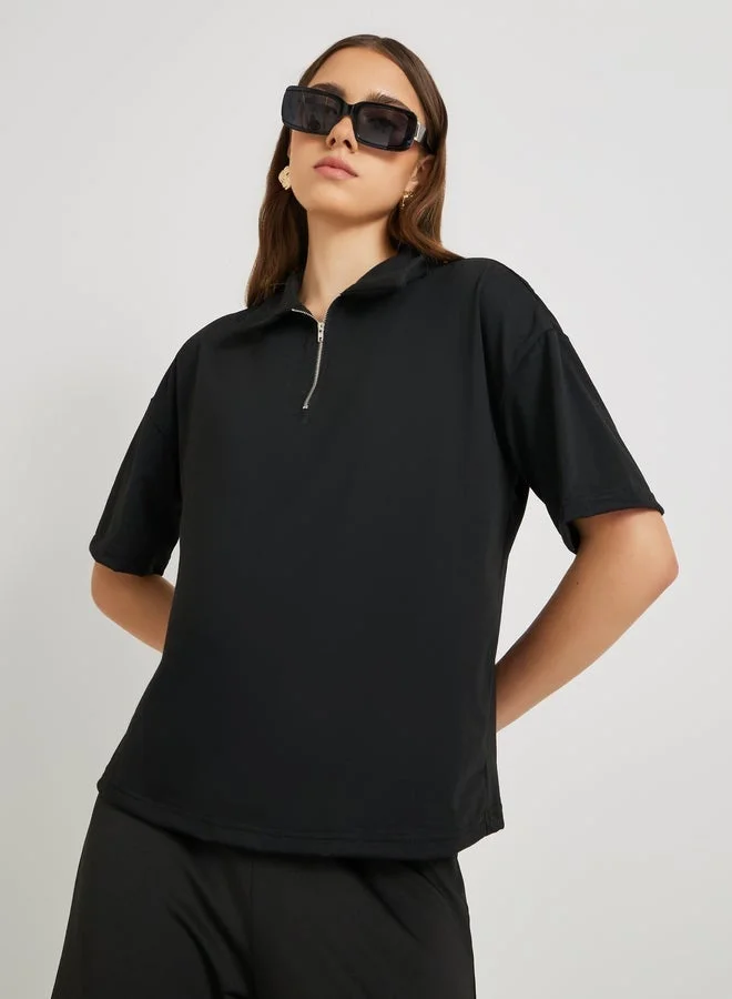 Take Two Solid Half Zipped Regular Fit Polo T-Shirt