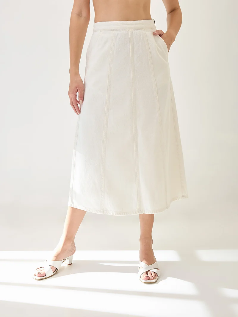 جلو باص تنورة جينز ميدي نسائية بخصر متوسط وقطع جانبية