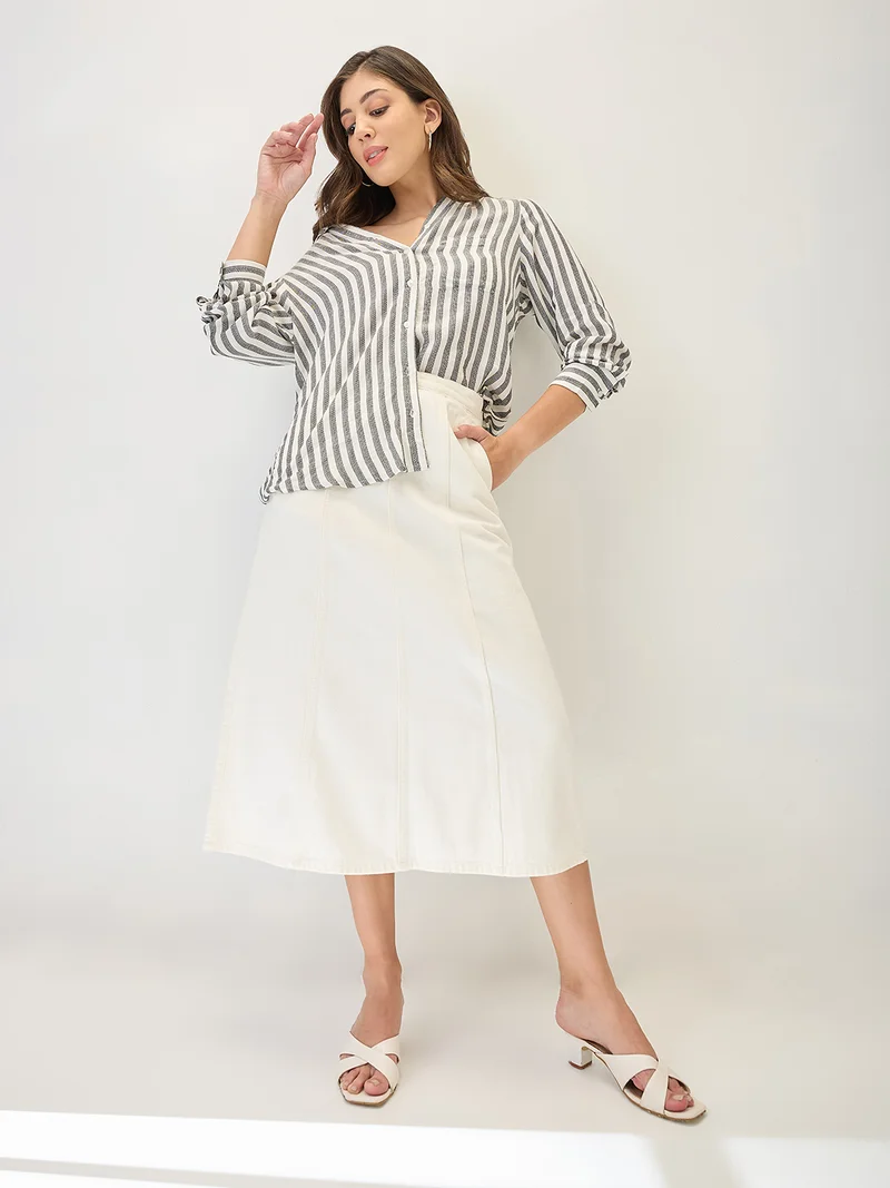 جلو باص تنورة جينز ميدي نسائية بخصر متوسط وقطع جانبية