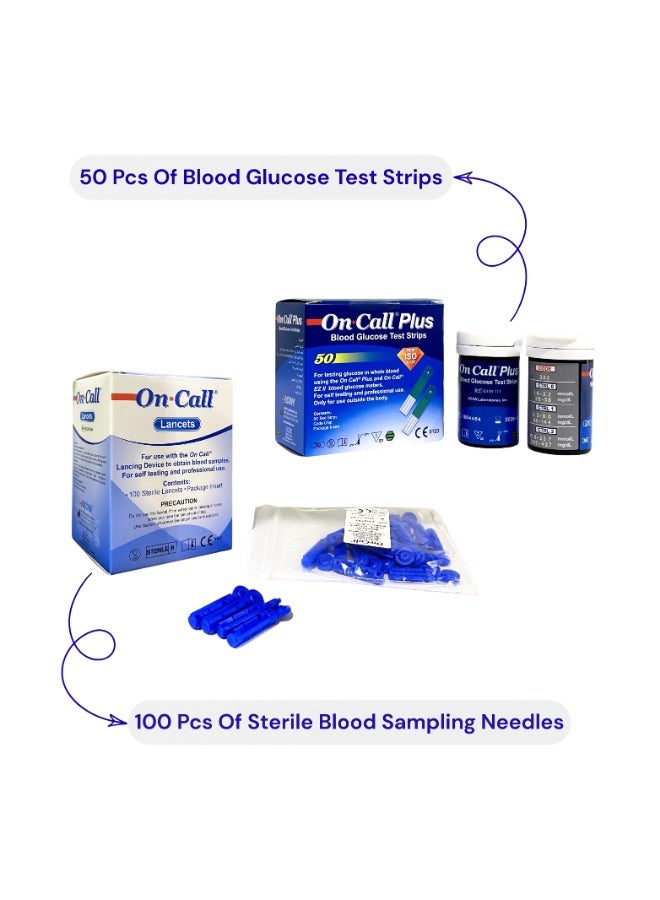 50 Pcs Of On Call Plus Blood Glucose Test Strips + 100 Pcs Of On Call Lancet Sterile Needles