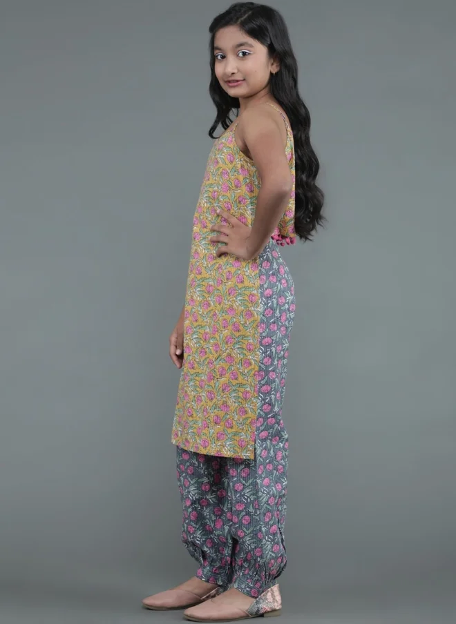 AKS Mustard Floral Printed Kurta Set For Girls