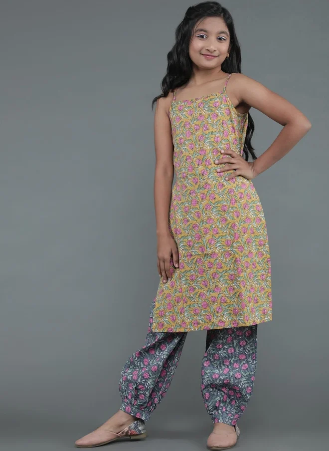 AKS Mustard Floral Printed Kurta Set For Girls