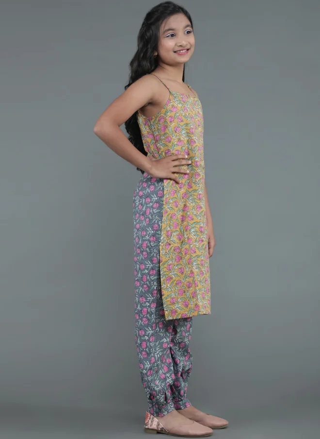 AKS Mustard Floral Printed Kurta Set For Girls