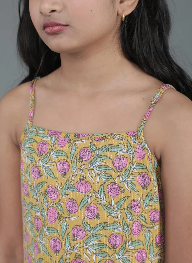 AKS Mustard Floral Printed Kurta Set For Girls