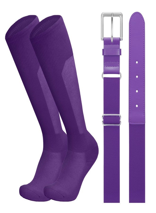 LEACOOLKEY Baseball Belt and Socks Combo Set Breathable Softball Socks and Elastic Belt for Adult Men Women Purple - Image 1