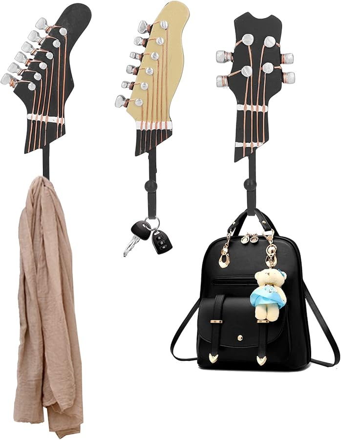 3 Pack Guitar Shaped Wall Hooks Heavy Duty 25kg For Coats Hats Home Decor - Image 3