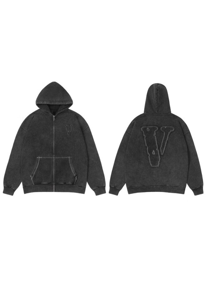 VLONE هودي بسحاب مزين بشعار كبير مطرّز من فلون للزوجين Vlzh25001 أسود S - Image 4