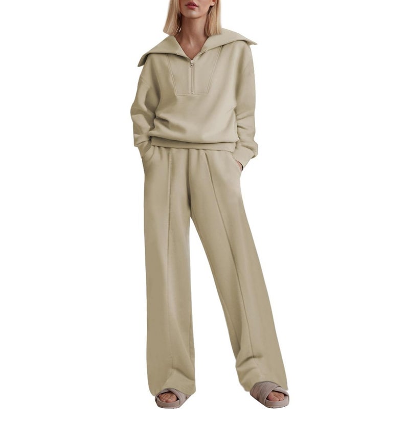 in stock Europe and the United States cross-border new suit women''s half-zipper long-sleeved top elastic waist wide-leg pants two-piece set - Image 1