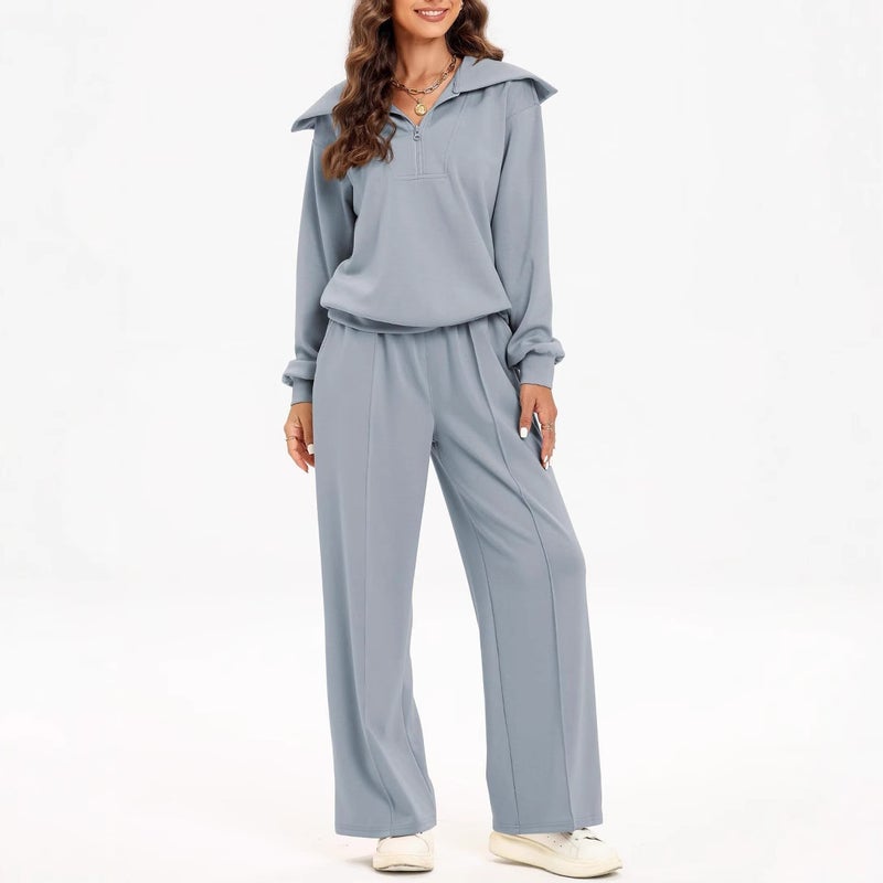 in stock Europe and the United States cross-border new suit women''s half-zipper long-sleeved top elastic waist wide-leg pants two-piece set - Image 4