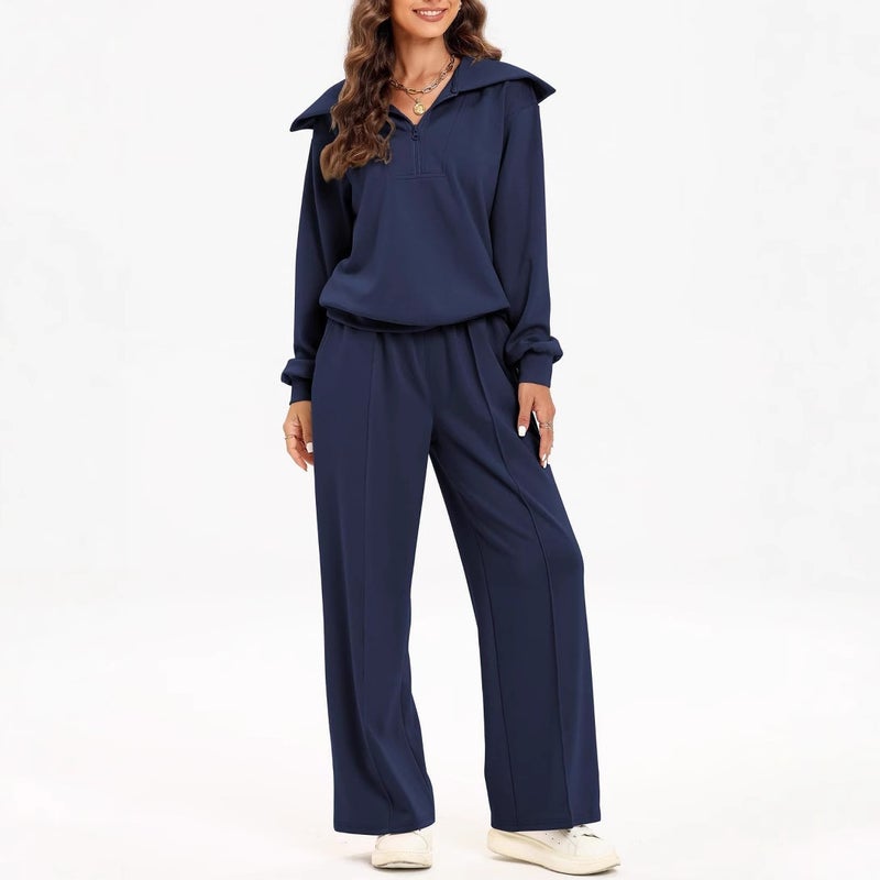 in stock Europe and the United States cross-border new suit women''s half-zipper long-sleeved top elastic waist wide-leg pants two-piece set - Image 2