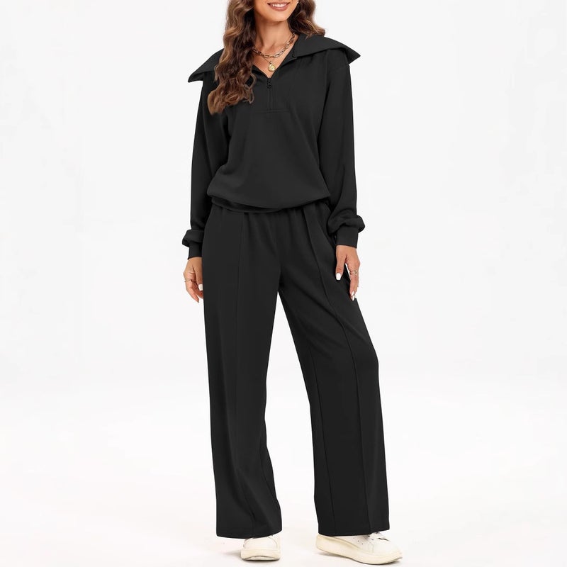 in stock Europe and the United States cross-border new suit women''s half-zipper long-sleeved top elastic waist wide-leg pants two-piece set - Image 3