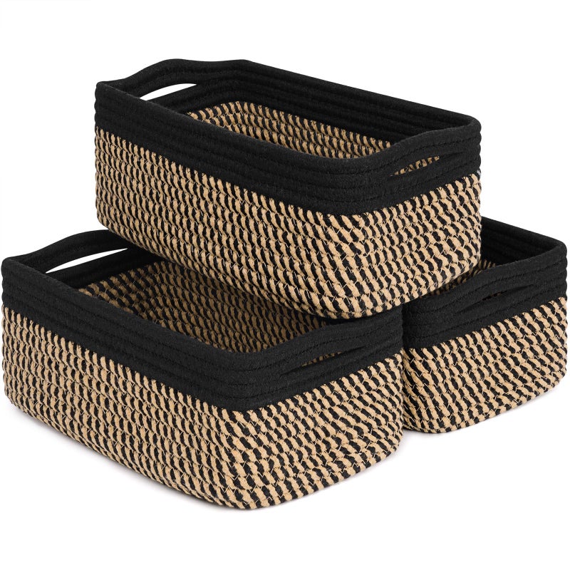 Goodpick Storage Baskets, Small Baskets for Organizing Gift Basket Empty Woven Rope Basket for Shelves Closet Organizer Bins for Towels 3 Pack, Black & Jute, 11 x 7 x 4.5 in - Image 1