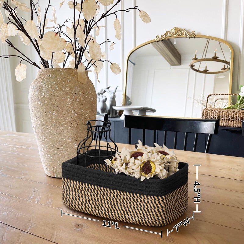 Goodpick Storage Baskets, Small Baskets for Organizing Gift Basket Empty Woven Rope Basket for Shelves Closet Organizer Bins for Towels 3 Pack, Black & Jute, 11 x 7 x 4.5 in - Image 3
