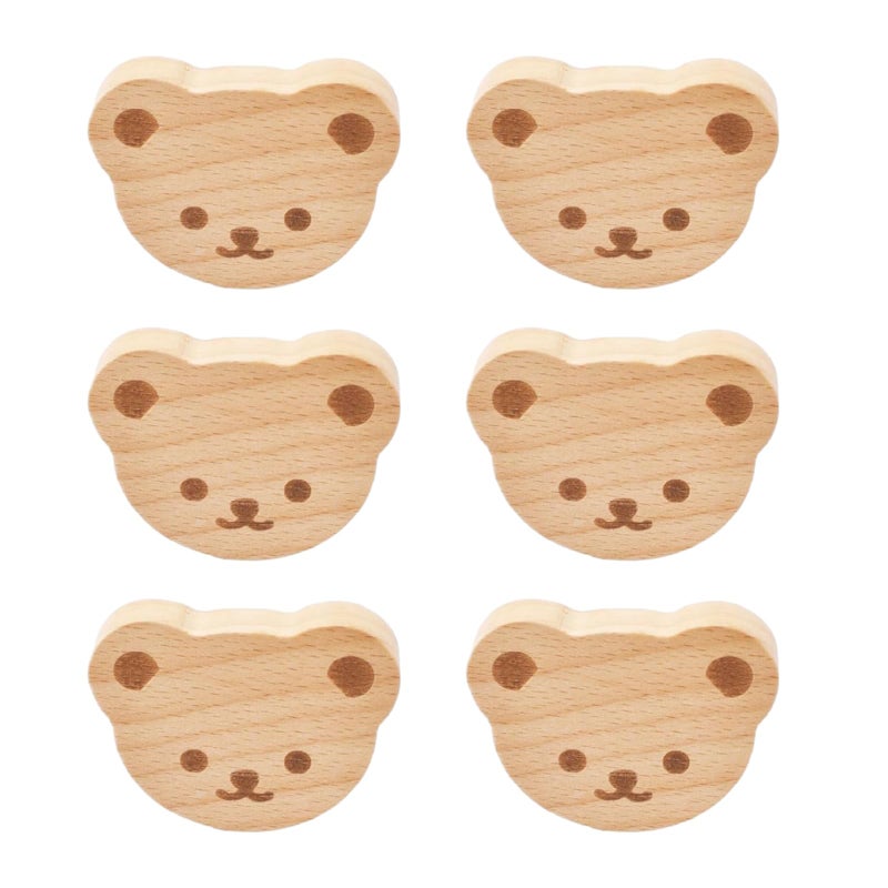 MOROBOR 6PCS Bear Shaped Wooden Knobs Single Hole Beech Wood Handles Polished Wood Cupboard Cabinet Handles Knobs for Chest of Drawers with Screws Expansion Tube