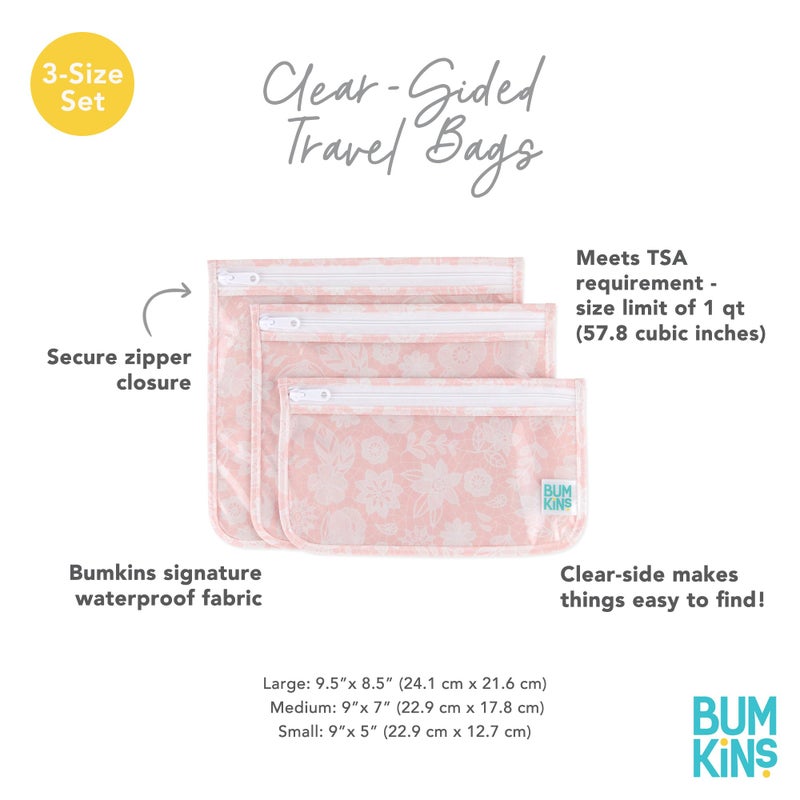 Bumkins Travel Bag, Toiletry, TSA Approved Pouch, Zip Bag, Quart Size Airline Compliant, Clear-Sided, Baby, Diaper Bag Organization, Makeup, Accessories, Packing, Set of 3 Sizes, Floral Gray - Image 5