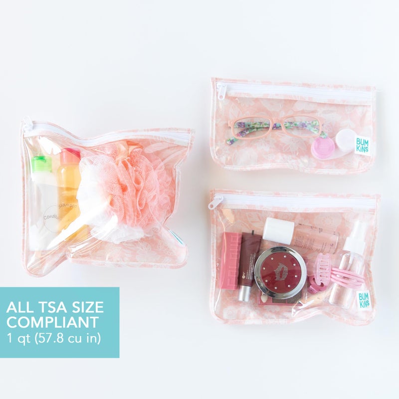 Bumkins Travel Bag, Toiletry, TSA Approved Pouch, Zip Bag, Quart Size Airline Compliant, Clear-Sided, Baby, Diaper Bag Organization, Makeup, Accessories, Packing, Set of 3 Sizes, Floral Gray - Image 3