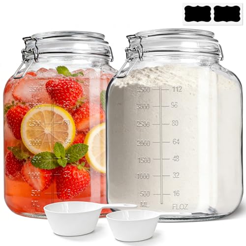 KTMAMA 1.1 Gallon Wide Mouth Glass Canisters with Airtight Lids & Measurement Marks (2-Pack) – Includes 2 Measuring Scoops & Labels, Food Storage Jars for Flour, Sugar & Baking Supplies | BPA-Free - Image 1