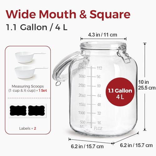 KTMAMA 1.1 Gallon Wide Mouth Glass Canisters with Airtight Lids & Measurement Marks (2-Pack) – Includes 2 Measuring Scoops & Labels, Food Storage Jars for Flour, Sugar & Baking Supplies | BPA-Free - Image 2