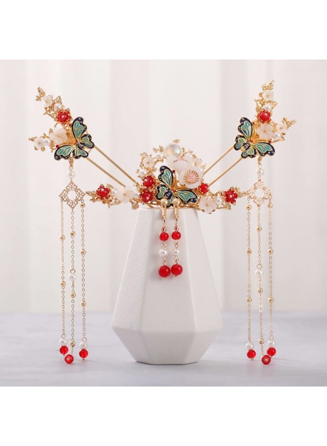 Engjajo Alloy Hair Sticks Pins Long Tassel Butterfly Flower Hanfu Chinese Hair Comb Set Earrings Traditional Classical - Image 1