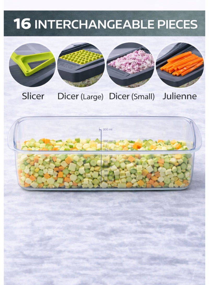 TSUMAB Multifunctional Vegetable Slicer & Chopper – 16-Piece Set, 1.2L Container, Interchangeable Blades, BPA-Free - Image 4
