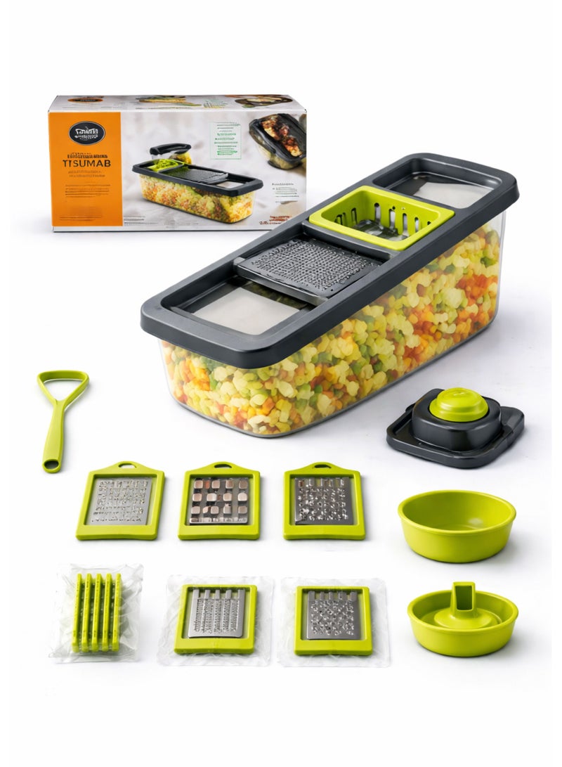 TSUMAB Multifunctional Vegetable Slicer & Chopper – 16-Piece Set, 1.2L Container, Interchangeable Blades, BPA-Free - Image 1