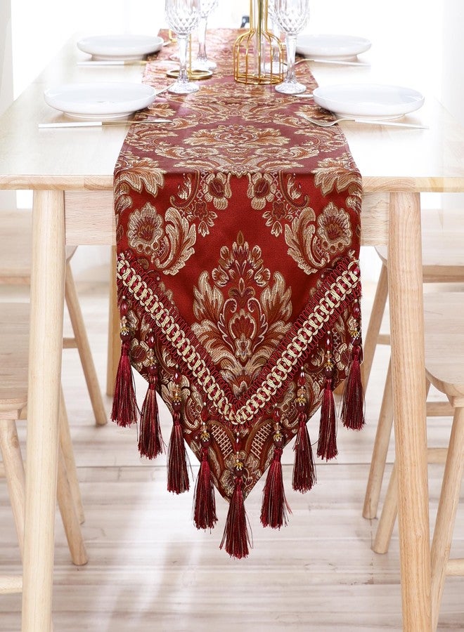 Fhberni Luxury Vintage Table Runner Embroidery Jacquard Fabric with Multi-Tassels Table Runners for Dining Room Dresser Wedding Holiday Party Fireplace Decorations-Burgundy, 13x62 inch - Image 1