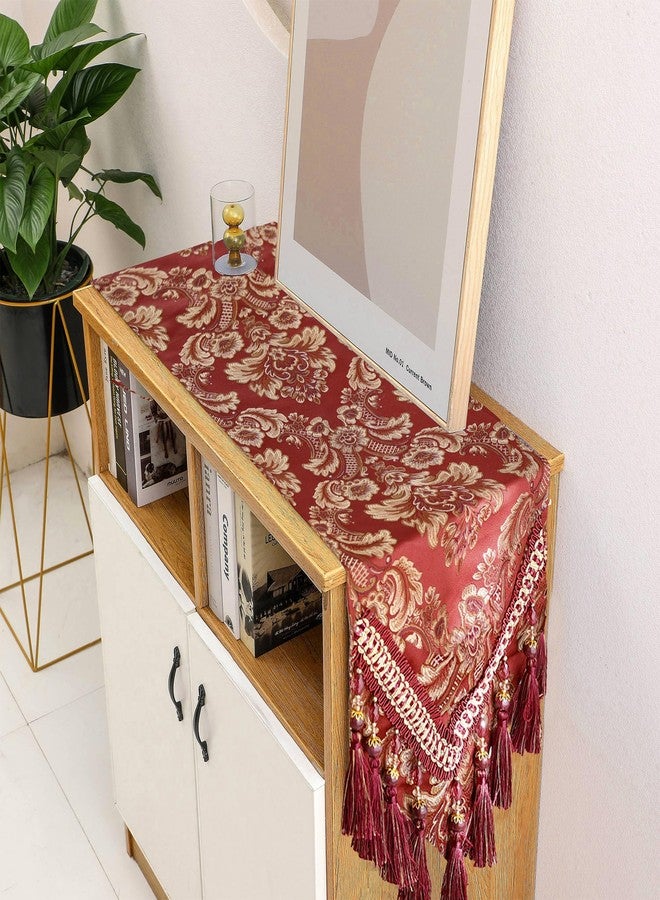 Fhberni Luxury Vintage Table Runner Embroidery Jacquard Fabric with Multi-Tassels Table Runners for Dining Room Dresser Wedding Holiday Party Fireplace Decorations-Burgundy, 13x62 inch - Image 2
