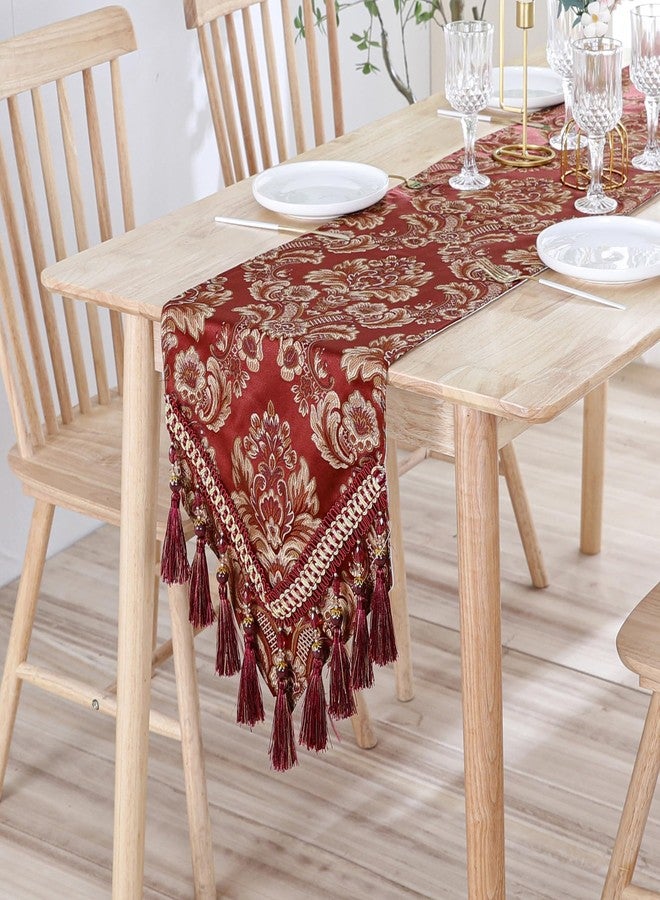 Fhberni Luxury Vintage Table Runner Embroidery Jacquard Fabric with Multi-Tassels Table Runners for Dining Room Dresser Wedding Holiday Party Fireplace Decorations-Burgundy, 13x62 inch - Image 4