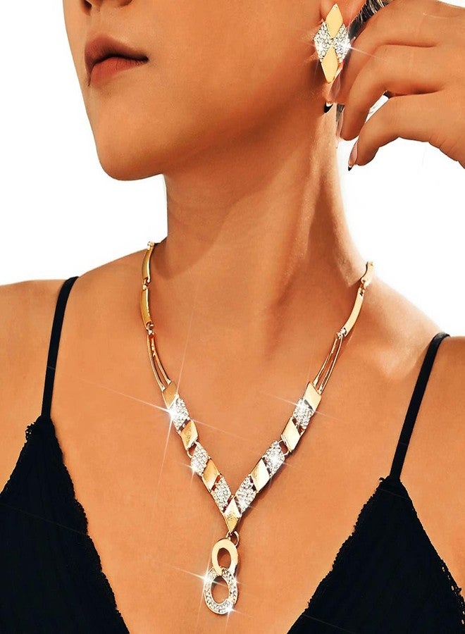 Unicra Rhinestone Gold Jewelry Sets Infinity Bridal Wedding Necklace Earrings Set Indian Formal Prom Costume Jewelry Set for Women and Brides (Gold) - Image 3