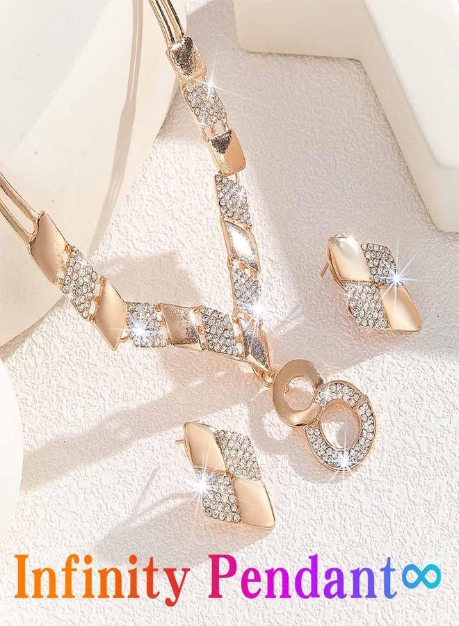 Unicra Rhinestone Gold Jewelry Sets Infinity Bridal Wedding Necklace Earrings Set Indian Formal Prom Costume Jewelry Set for Women and Brides (Gold) - Image 2