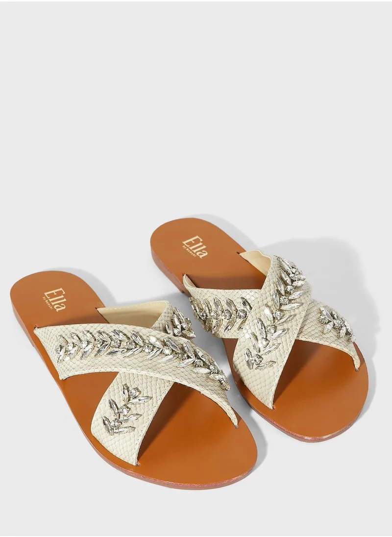 ELLA Cross Over Embellished Texture Flat Sandal