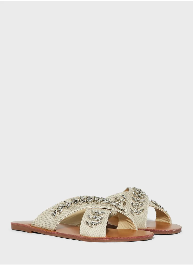 ELLA Cross Over Embellished Texture Flat Sandal