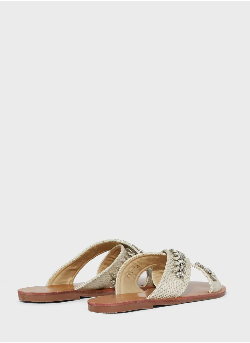 ELLA Cross Over Embellished Texture Flat Sandal