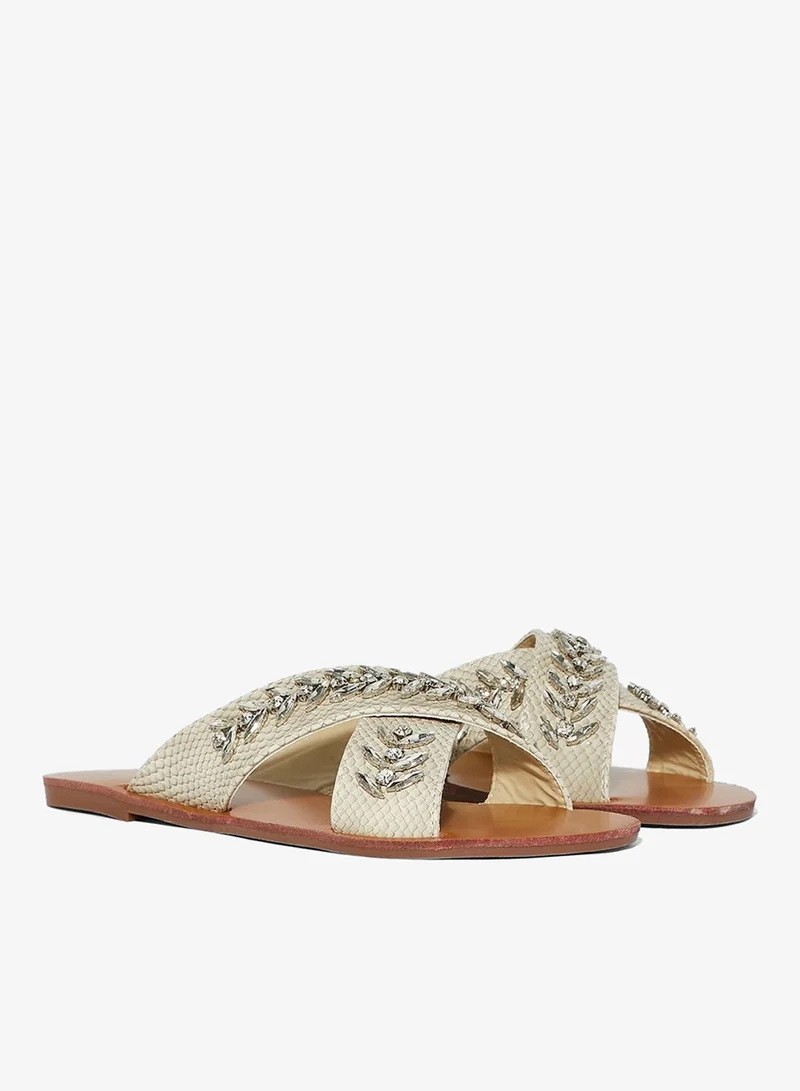 Ella Light Beige Cross Over Embellished Texture Flat Sandal for Women | Best Price UAE