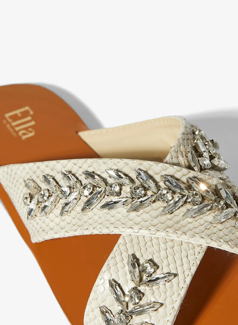 Ella Light Beige Cross Over Embellished Texture Flat Sandal for Women | Best Price UAE