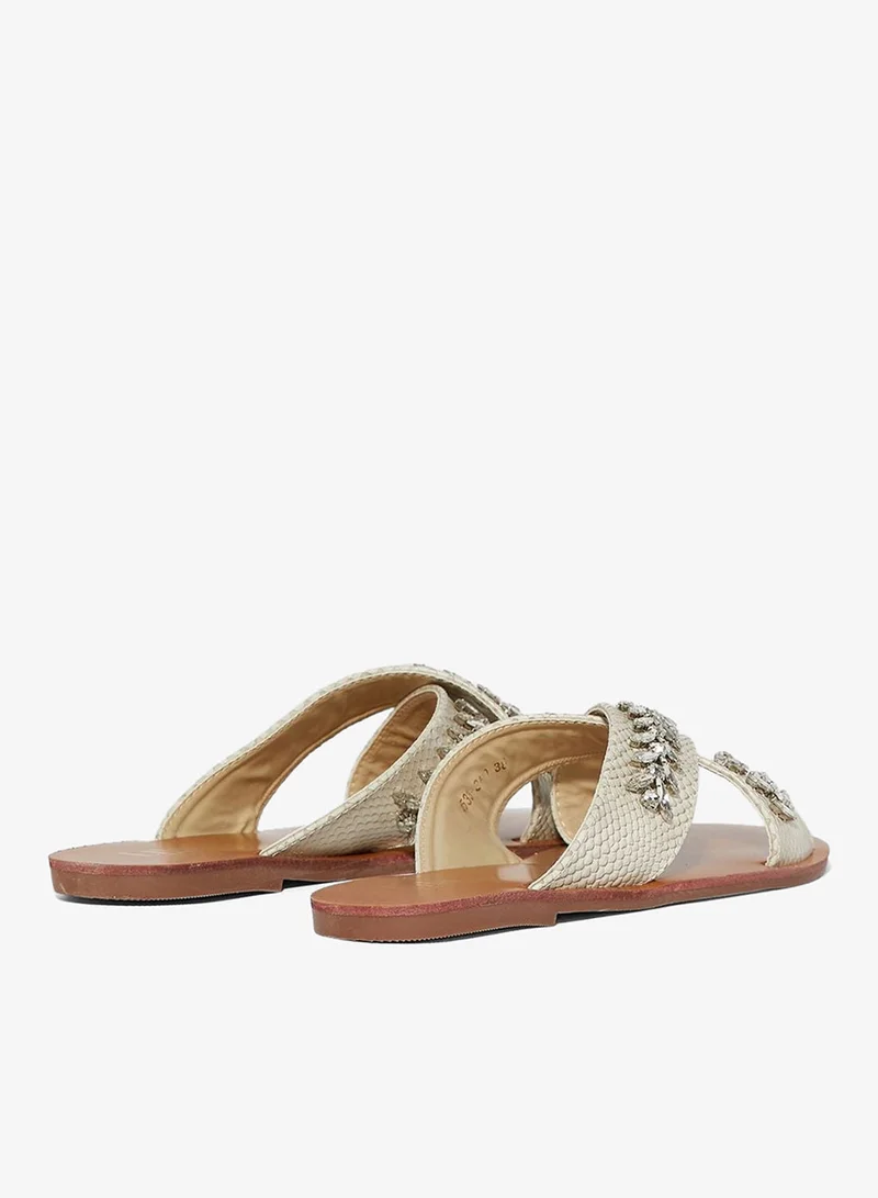 Ella Light Beige Cross Over Embellished Texture Flat Sandal for Women | Best Price UAE