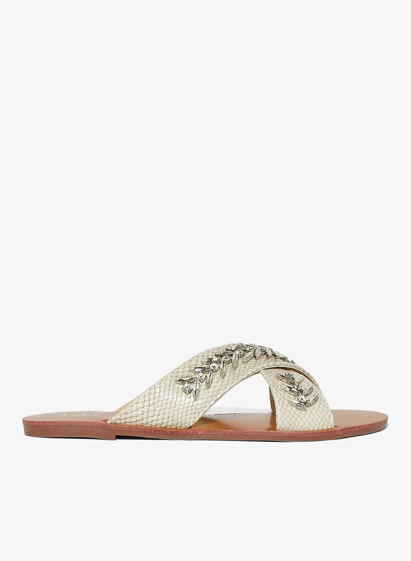 Ella Light Beige Cross Over Embellished Texture Flat Sandal for Women | Best Price UAE